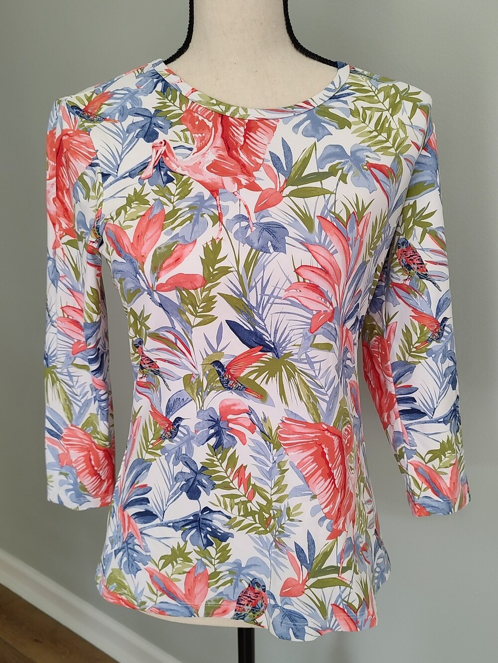 J. McLaughlin Catalina Cloth Tropical Botanical Garden Bird 3/4 Sleeves Top M
